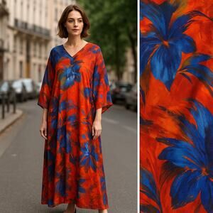 EY Signature Abstract Floral Kaftan Mumu Lagenlook One Size Maxi Vibrant Silky